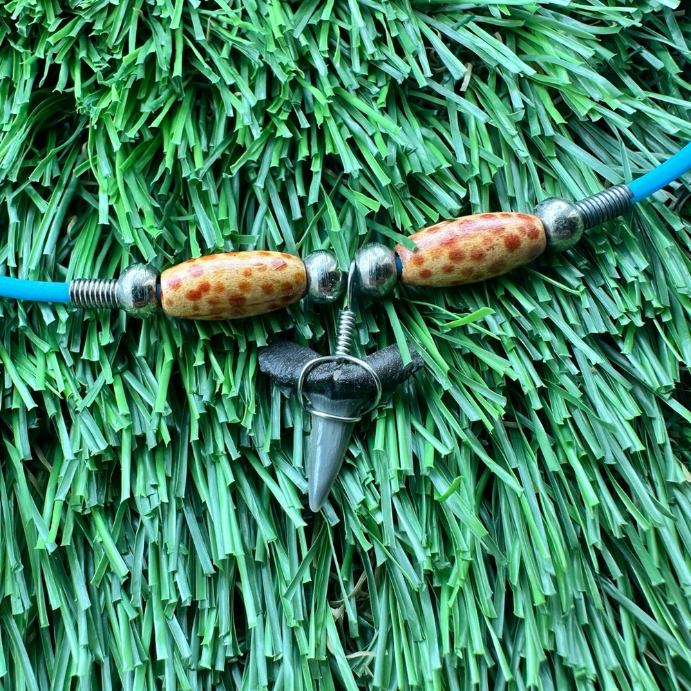 Handmade Blue Necklace with Shark Tooth Pendant
